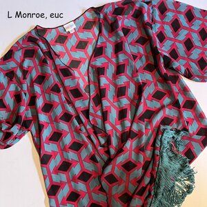 Large Lularoe Monroe cover up, kimono, blue-green with pink and black arrows